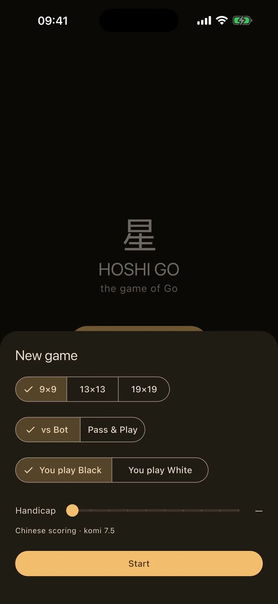 Hoshi Go: Board size, opponent, colour and handicap