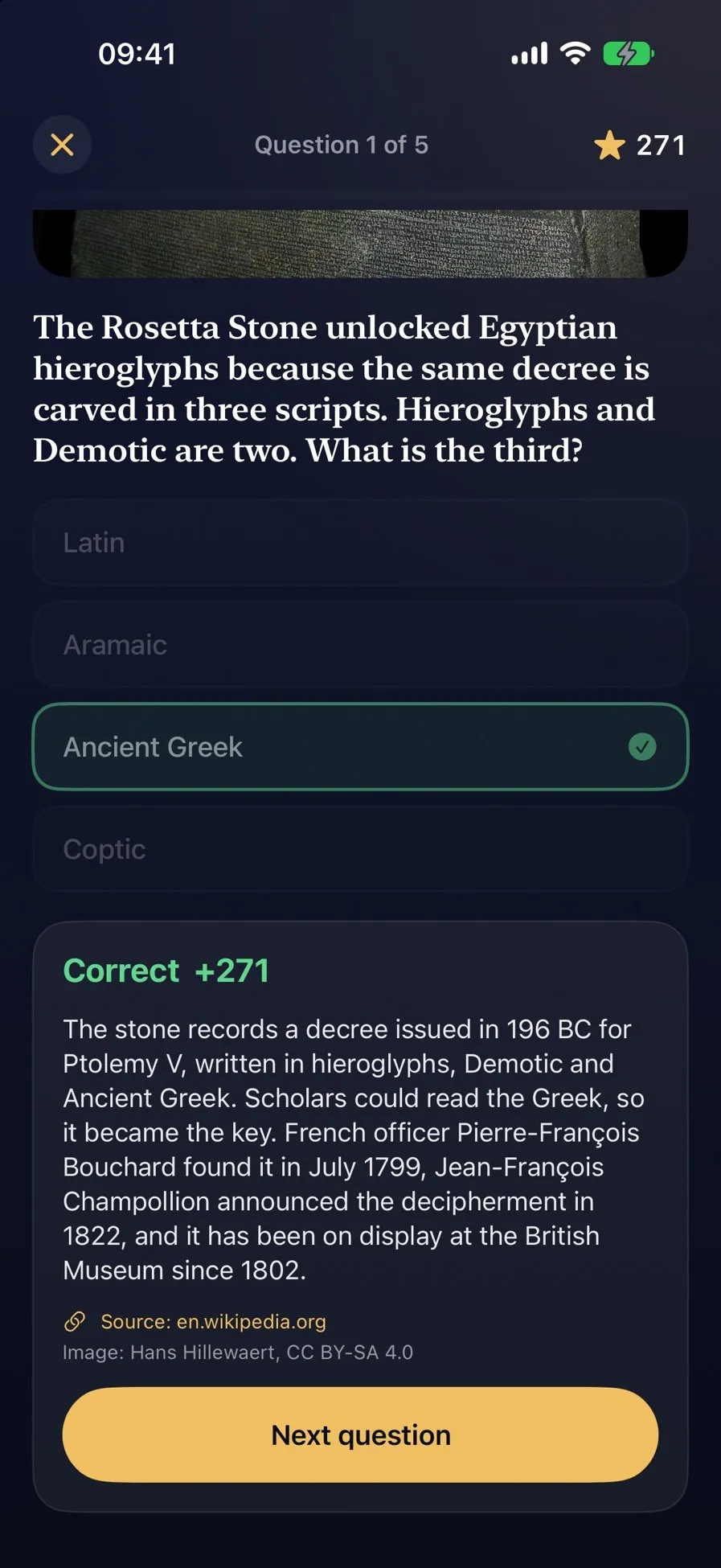 Sapere: The explanation, image credit and source after every answer
