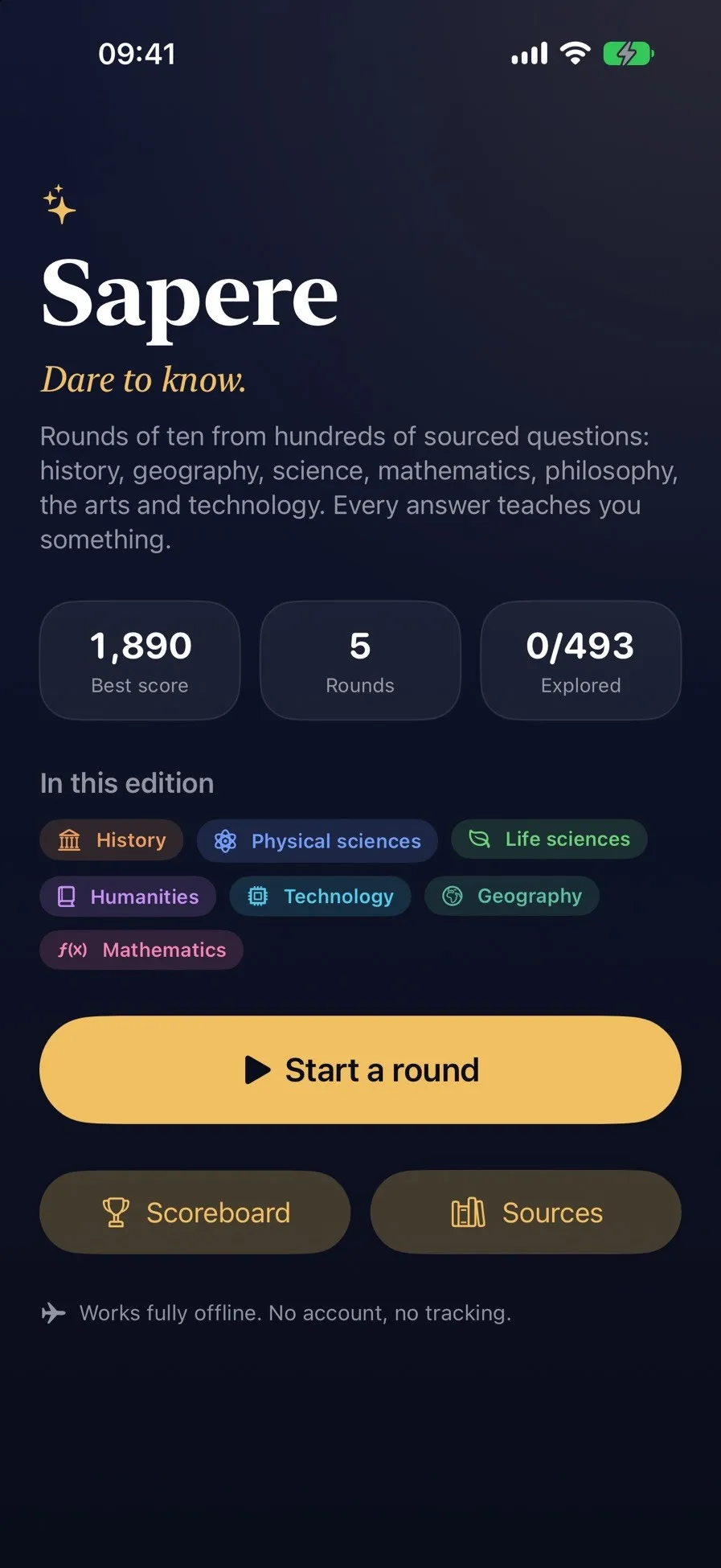 Sapere: Hundreds of sourced questions in seven subjects