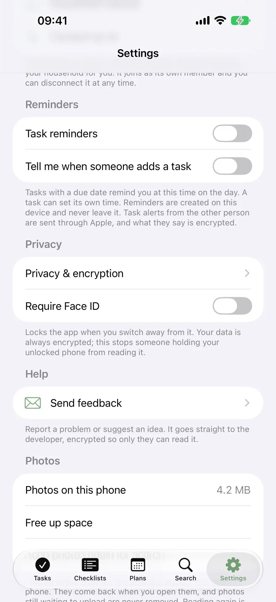 Pacelli: Reminders, Face ID lock and privacy settings